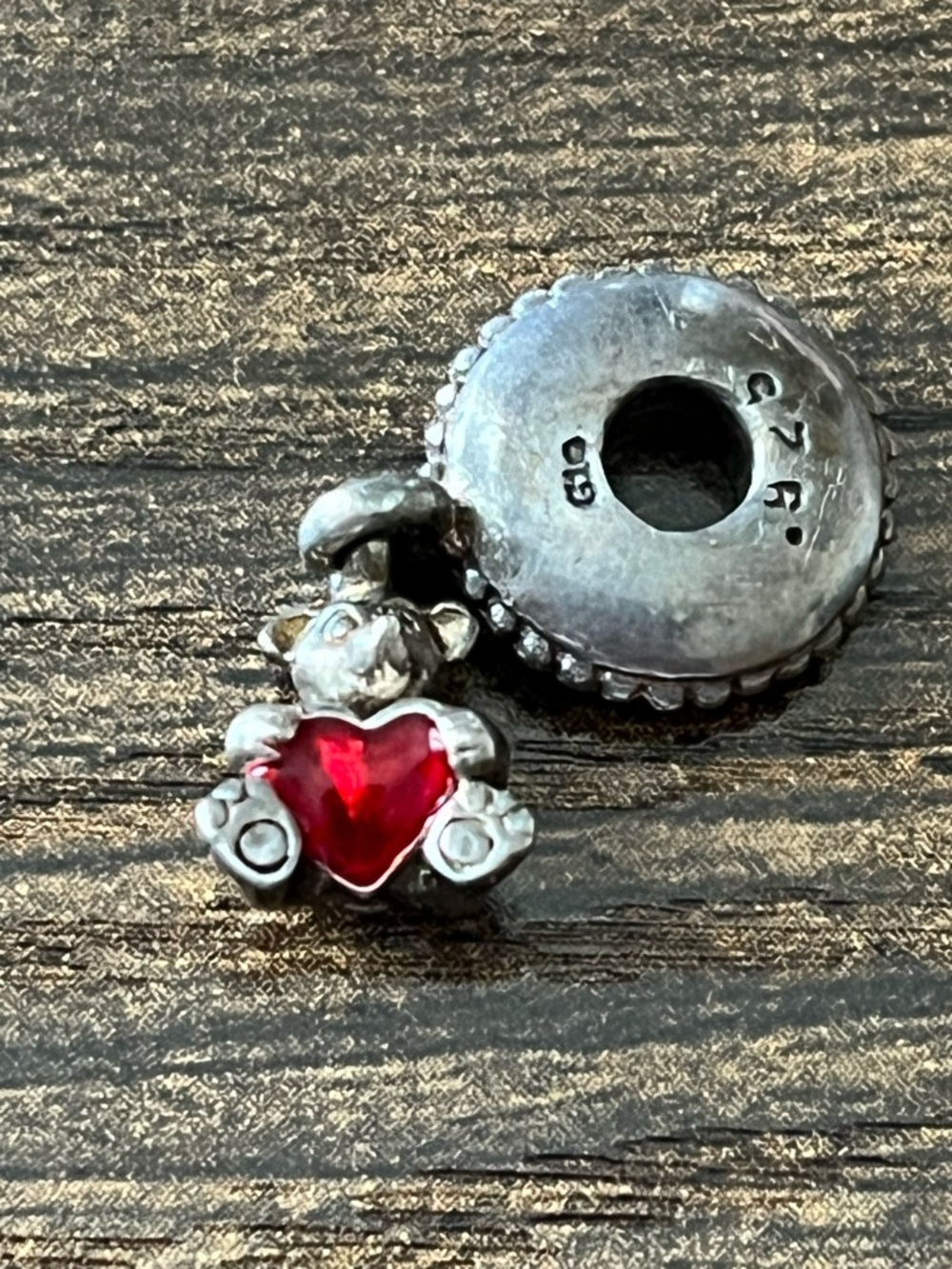 925 Sterling Silver Bear with Heart Slide Bead Charm for Bracelet or Necklace